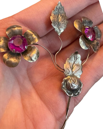 Vintage 1940s Sterling pink paste glass fancy flower large brooch