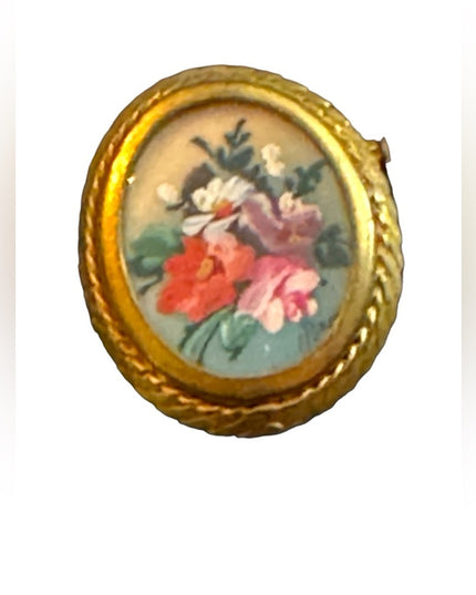 Vintage hand painted 1930s brass signed handpainted flower cameo brooch