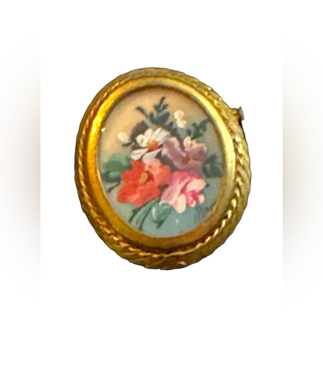 Vintage hand painted 1930s brass signed handpainted flower cameo brooch