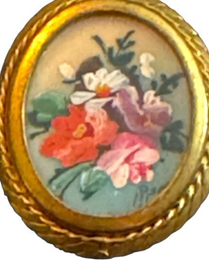 Vintage hand painted 1930s brass signed handpainted flower cameo brooch