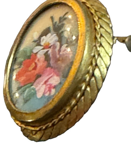 Vintage hand painted 1930s brass signed handpainted flower cameo brooch