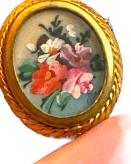 Vintage hand painted 1930s brass signed handpainted flower cameo brooch