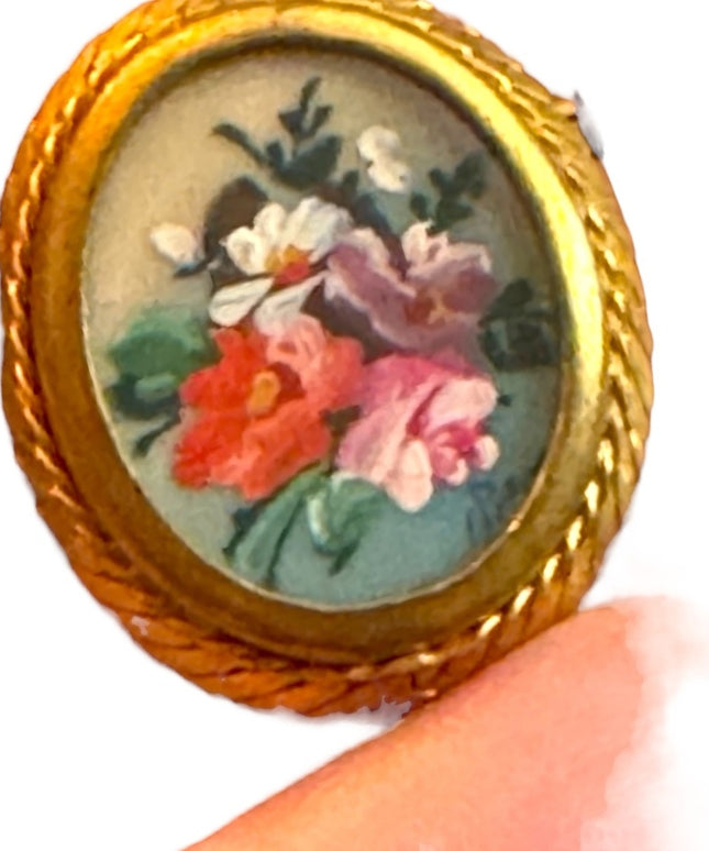 Vintage hand painted 1930s brass signed handpainted flower cameo brooch