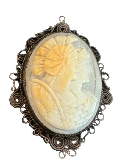 Antique Roman Soldier & Woman 800 silver filagree CAMEO necklace pendant