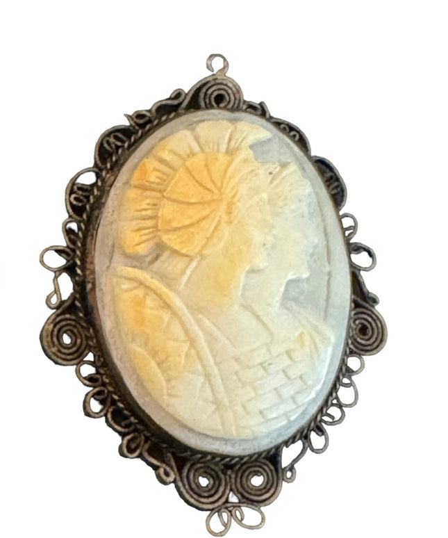 Antique Roman Soldier & Woman 800 silver filagree CAMEO necklace pendant