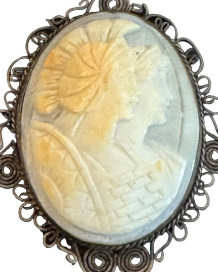 Antique Roman Soldier & Woman 800 silver filagree CAMEO necklace pendant