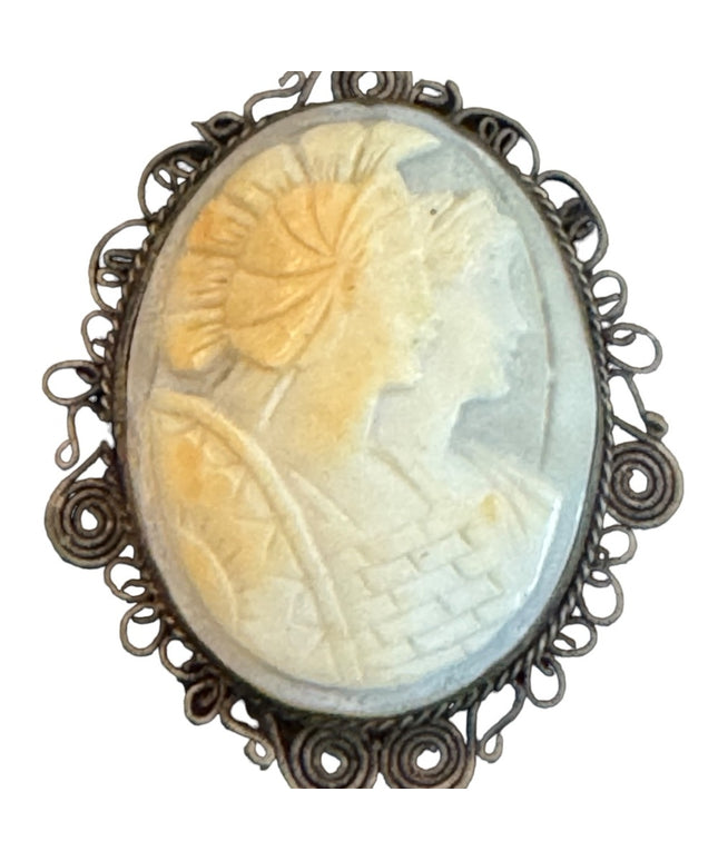 Antique Roman Soldier & Woman 800 silver filagree CAMEO necklace pendant