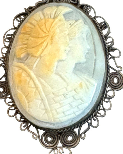 Antique Roman Soldier & Woman 800 silver filagree CAMEO necklace pendant