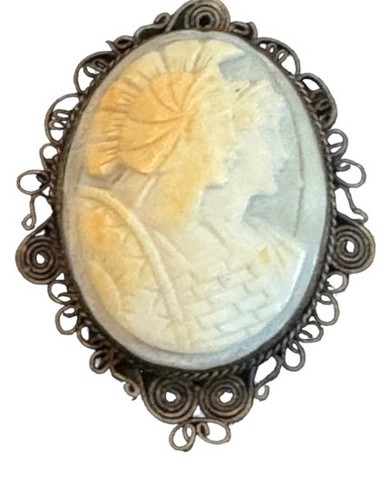 Antique Roman Soldier & Woman 800 silver filagree CAMEO necklace pendant
