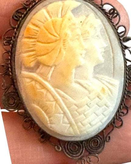 Antique Roman Soldier & Woman 800 silver filagree CAMEO necklace pendant