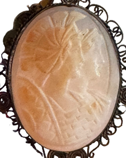 Antique Roman Soldier & Woman 800 silver filagree CAMEO necklace pendant