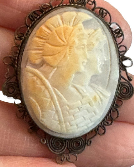 Antique Roman Soldier & Woman 800 silver filagree CAMEO necklace pendant