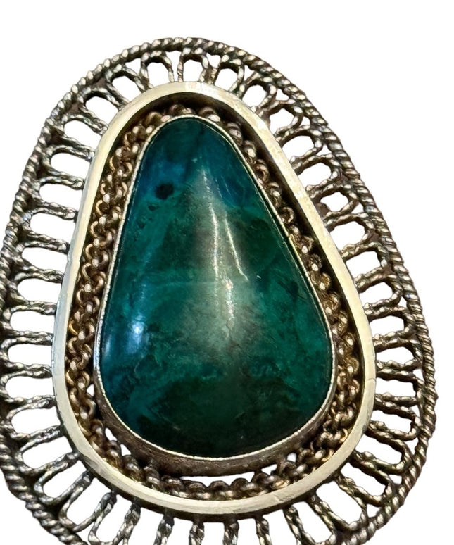 BEZALEL ISRAEL 925 Silver - Vintage Eilat Stone Twist Border Brooch or pendant