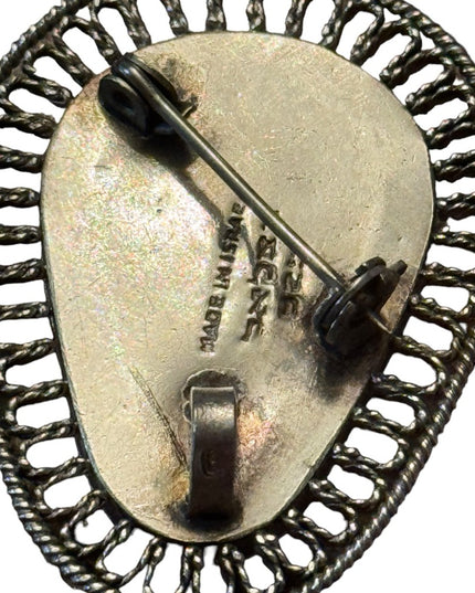 BEZALEL ISRAEL 925 Silver - Vintage Eilat Stone Twist Border Brooch or pendant