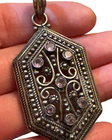 Vintage Art Deco ornate scrolled amethyst large sterling silver 925 pendant