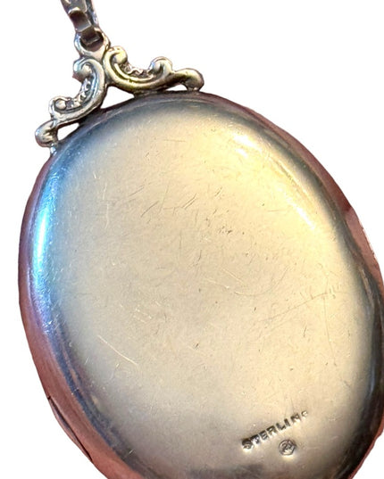 Antique Lovely Sterling silver 925 etched large oval locket pendant