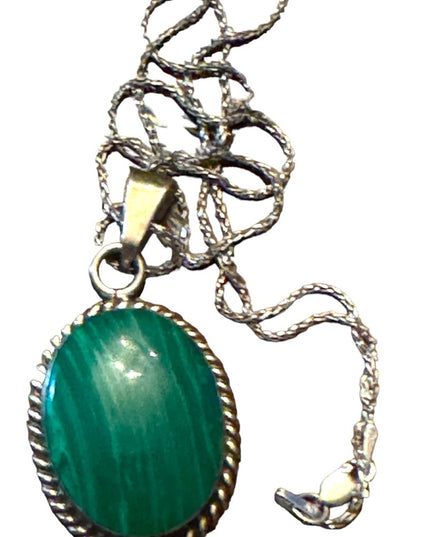 Malachite sterling silver 925 oval pendant Mexico necklace
