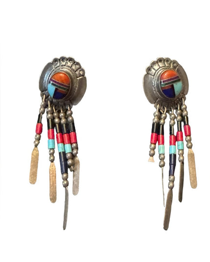 QT Native American sterling silver handmade earrings, 925 fringe, Zuni, Navajo