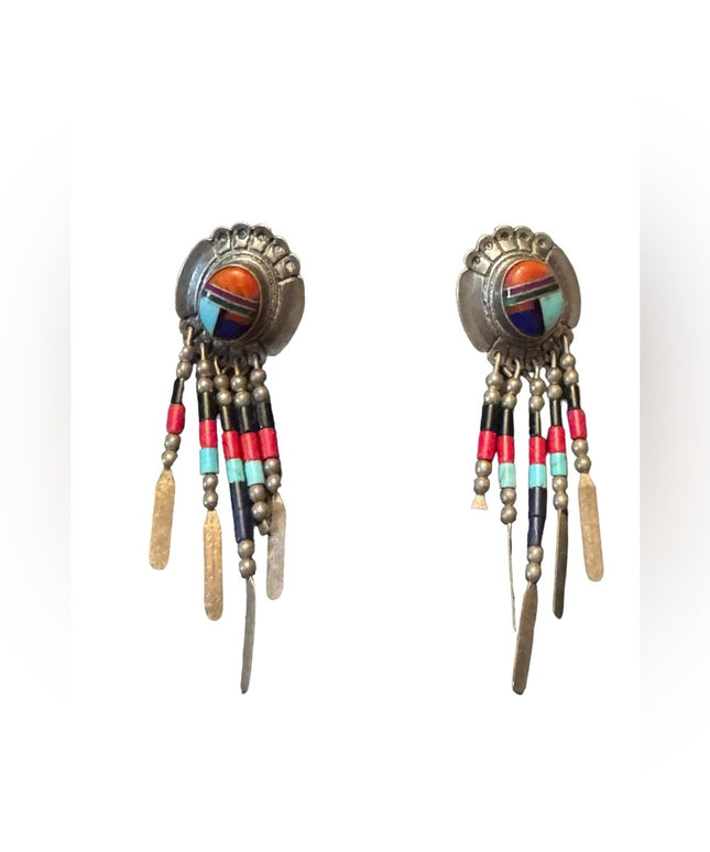 QT Native American sterling silver handmade earrings, 925 fringe, Zuni, Navajo