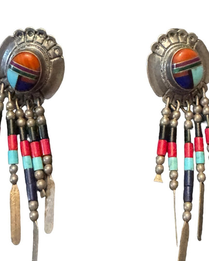 QT Native American sterling silver handmade earrings, 925 fringe, Zuni, Navajo