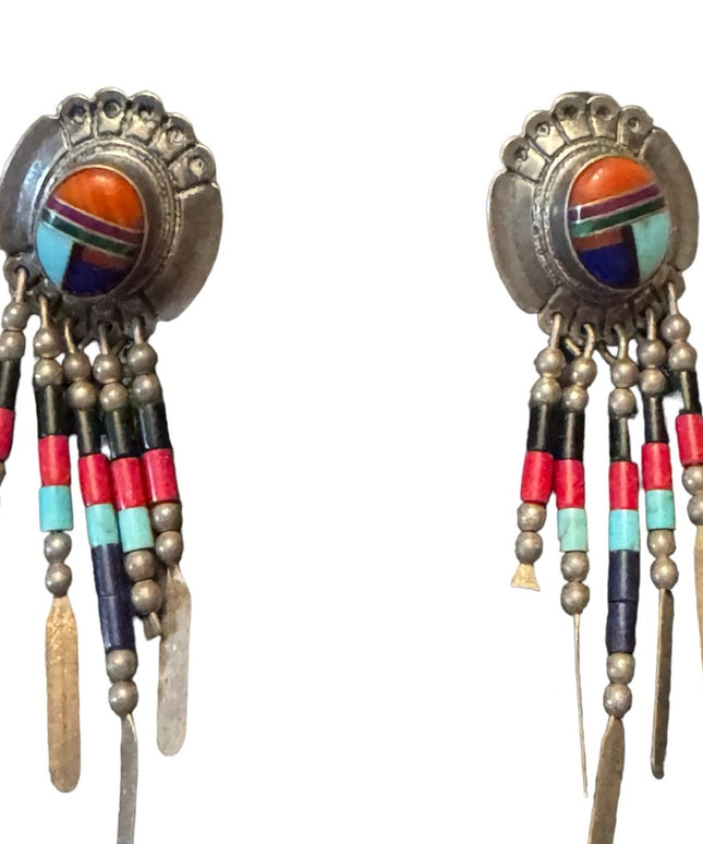 QT Native American sterling silver handmade earrings, 925 fringe, Zuni, Navajo