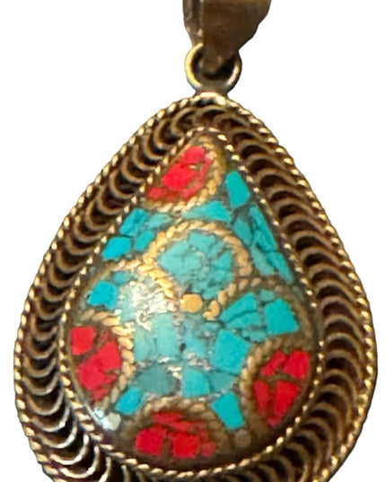 Vintage Tibetan stone mosaic large tear drop necklace pendant brass