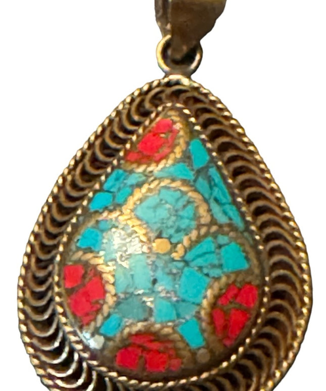 Vintage Tibetan stone mosaic large tear drop necklace pendant brass