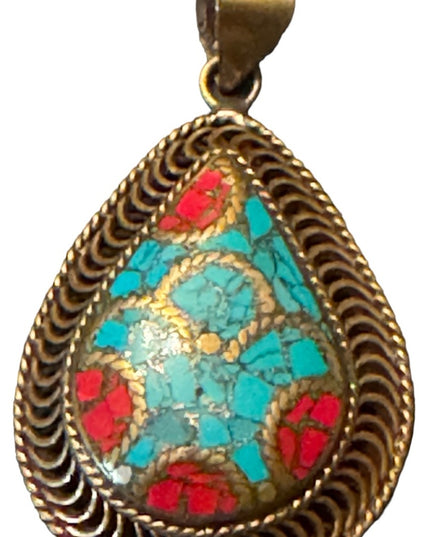 Vintage Tibetan stone mosaic large tear drop necklace pendant brass