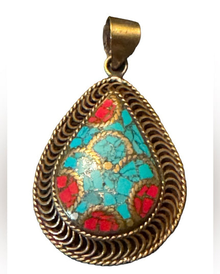 Vintage Tibetan stone mosaic large tear drop necklace pendant brass