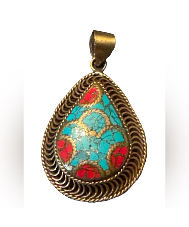 Vintage Tibetan stone mosaic large tear drop necklace pendant brass