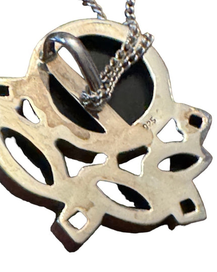Lovely sterling silver 925 fancy black onyx & moonstone pendant necklace