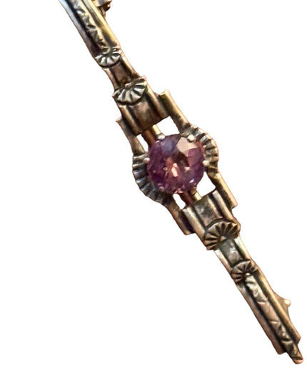 Antique ornate small sterling ailver 925 amethyst bar brooch