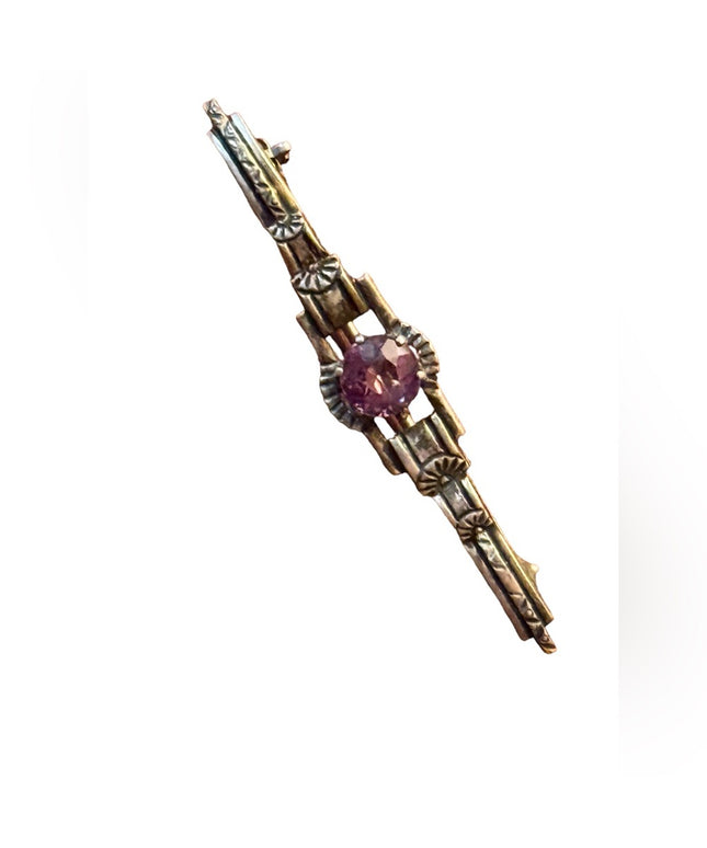 Antique ornate small sterling ailver 925 amethyst bar brooch