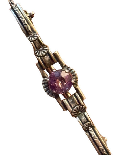 Antique ornate small sterling ailver 925 amethyst bar brooch