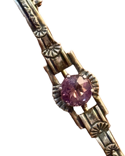 Antique ornate small sterling ailver 925 amethyst bar brooch