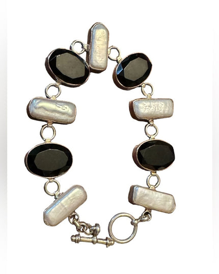 Vintage Sterling Silver Faceted Black Onyx & Pearl Toggle Bracelet 7"
