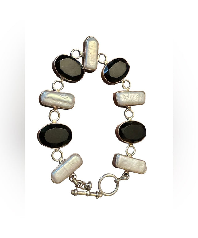 Vintage Sterling Silver Faceted Black Onyx & Pearl Toggle Bracelet 7"