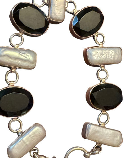 Vintage Sterling Silver Faceted Black Onyx & Pearl Toggle Bracelet 7"