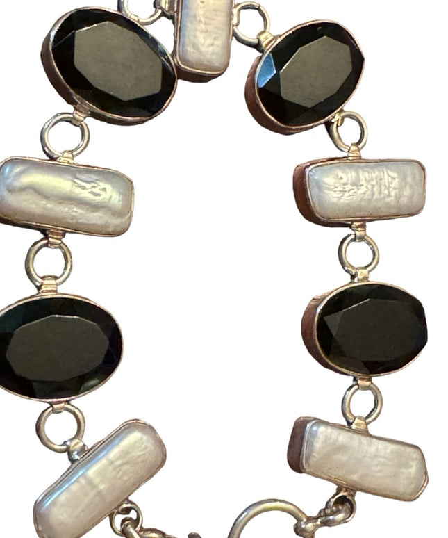 Vintage Sterling Silver Faceted Black Onyx & Pearl Toggle Bracelet 7"
