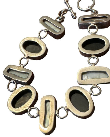 Vintage Sterling Silver Faceted Black Onyx & Pearl Toggle Bracelet 7"