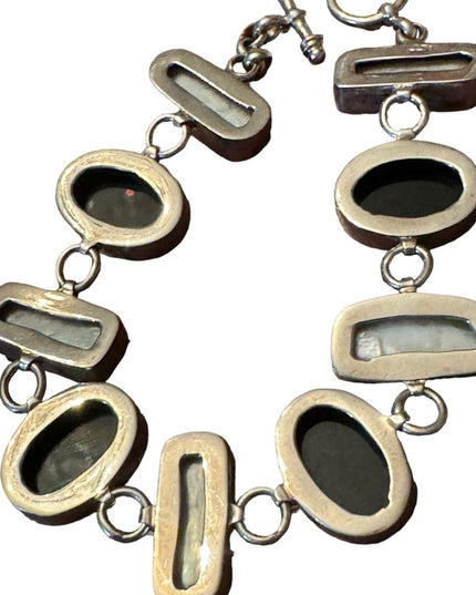 Vintage Sterling Silver Faceted Black Onyx & Pearl Toggle Bracelet 7"