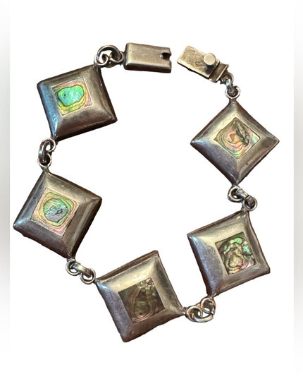 Vintage Sterling silver handmade abalone link heavy Taxco Mexico bracelet