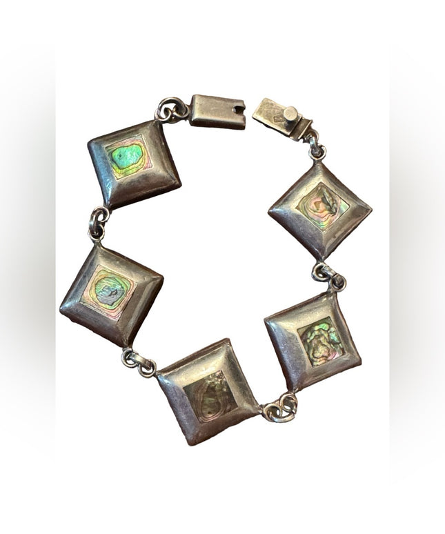Vintage Sterling silver handmade abalone link heavy Taxco Mexico bracelet