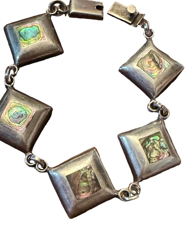 Vintage Sterling silver handmade abalone link heavy Taxco Mexico bracelet