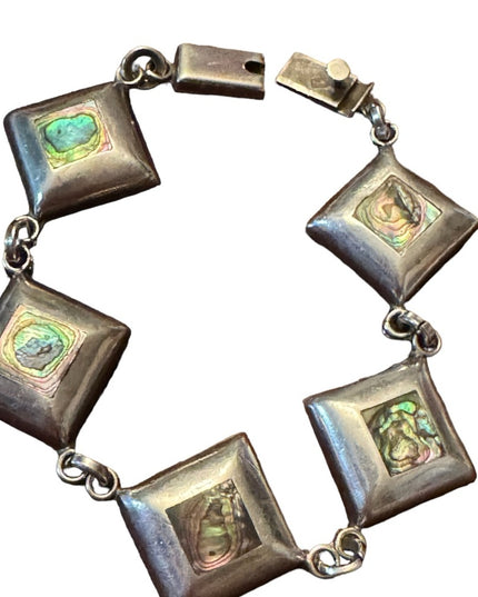 Vintage Sterling silver handmade abalone link heavy Taxco Mexico bracelet