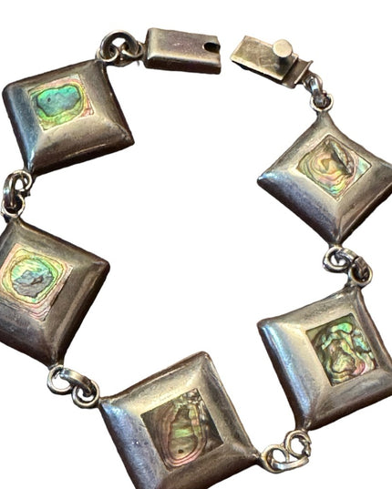 Vintage Sterling silver handmade abalone link heavy Taxco Mexico bracelet
