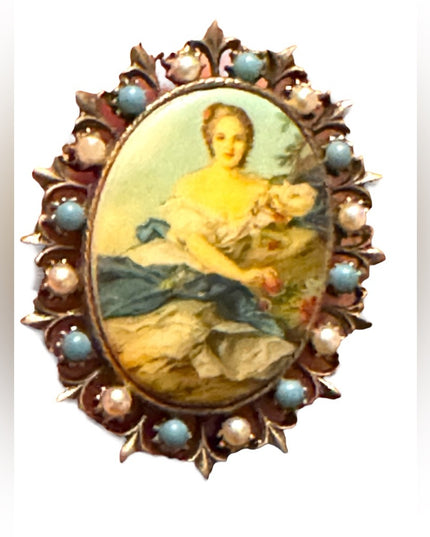 Vintage resin transfer cameo pendant brooch faux pearl turquoise bezel