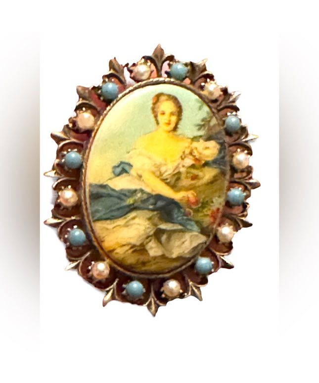 Vintage resin transfer cameo pendant brooch faux pearl turquoise bezel