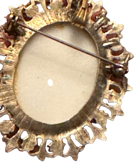 Vintage resin transfer cameo pendant brooch faux pearl turquoise bezel