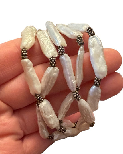 Vintage Artisan made BIWA pearl multi strand fancy silver toggle bracelet